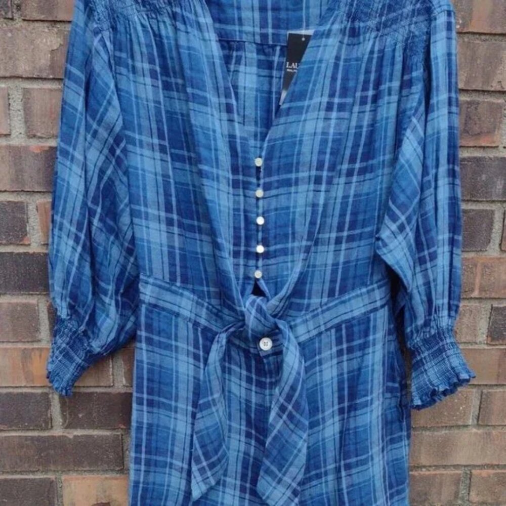 Ralph Lauren Linen Plaid Romper Blue - Picture 7 of 10